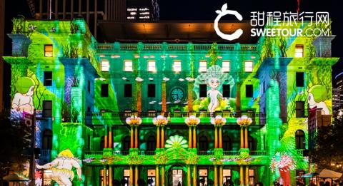 缤纷悉尼灯光音乐节2018 (Vivid Sydney) May Gibbs' Snugglepot and Cuddlepie artwork projected on Customs House, 31 Alfred Street, Sydney during Vivid Sydney 2018