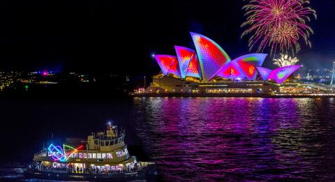 Ferry sailing past the Opera House during Vivid Sydney, Sydney Harbour