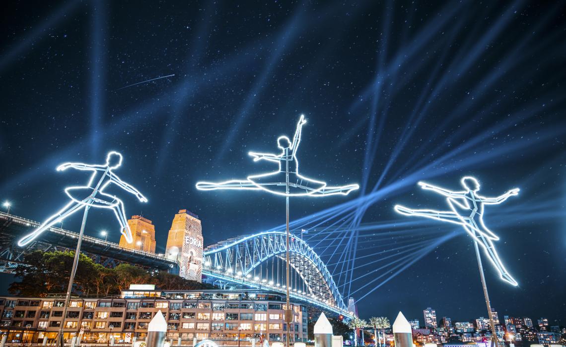 The Ballerina light installation illuminating Campbells Cove in The Rocks precinct during Vivid Sydney 2019